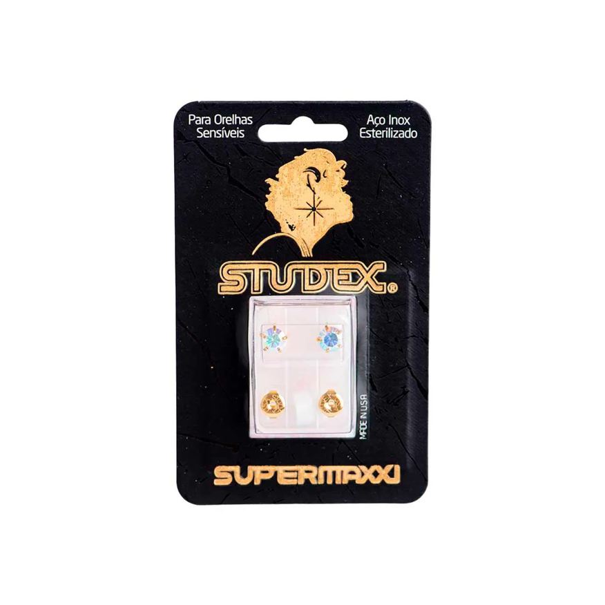 Studex Brinco Supermaxxi Dourado Pedra Cristal Espelhado com 1 par