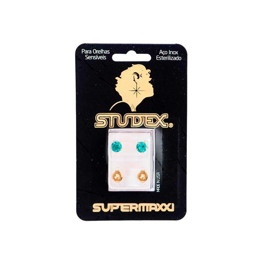 Studex Brinco Supermaxxi Dourado Pedra Verde com 1 par