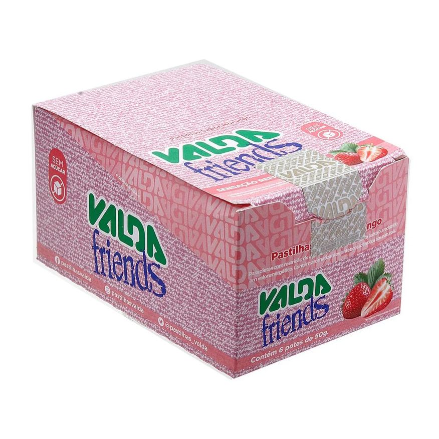 Friends Valda Pastilha de Mentol Sabor Morango sem Açúcar Caixa com 6 Potes de 50g