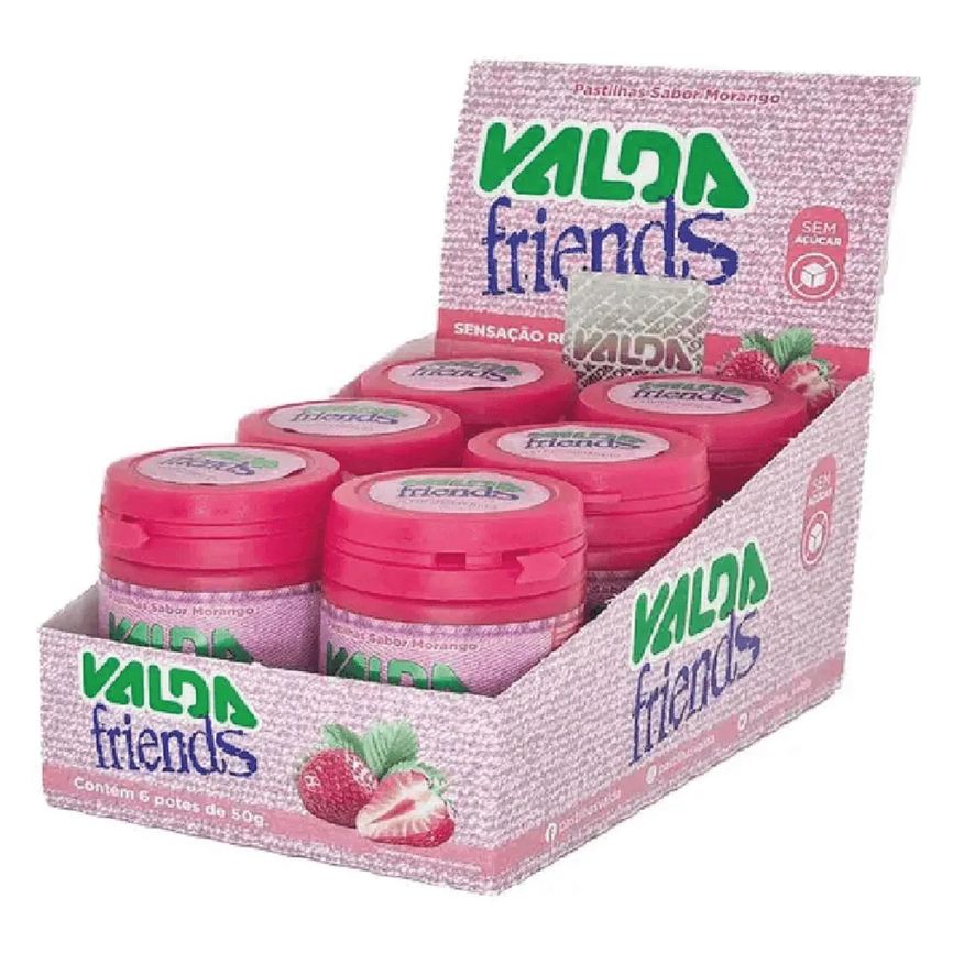 Friends Valda Pastilha de Mentol Sabor Morango sem Açúcar Caixa com 6 Potes de 50g
