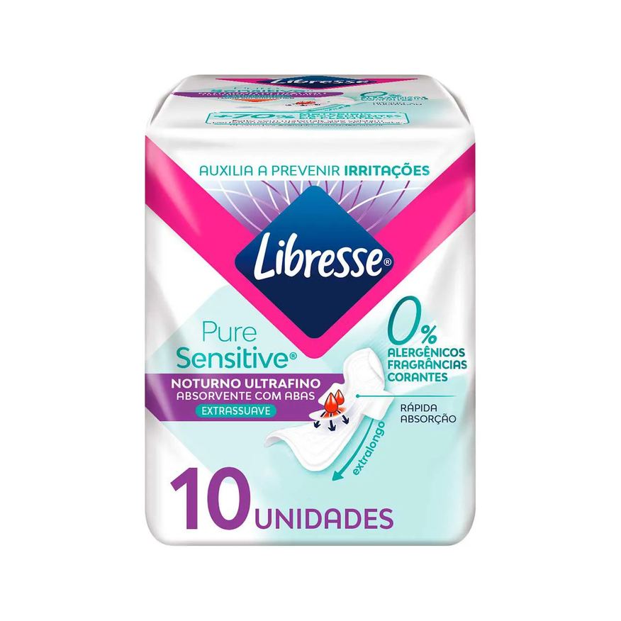 Libresse Absorvente Noturno Pure Sensitive Ultrafino Extra Suave com Abas 10 unidades