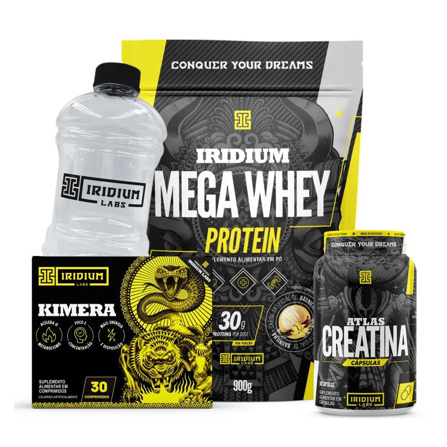 Iridium Labs Mega Whey + Kimera Thermo 30 Comps + Atlas Creatina 60 Cápsulas + Galão Cristal 1l Baunilha