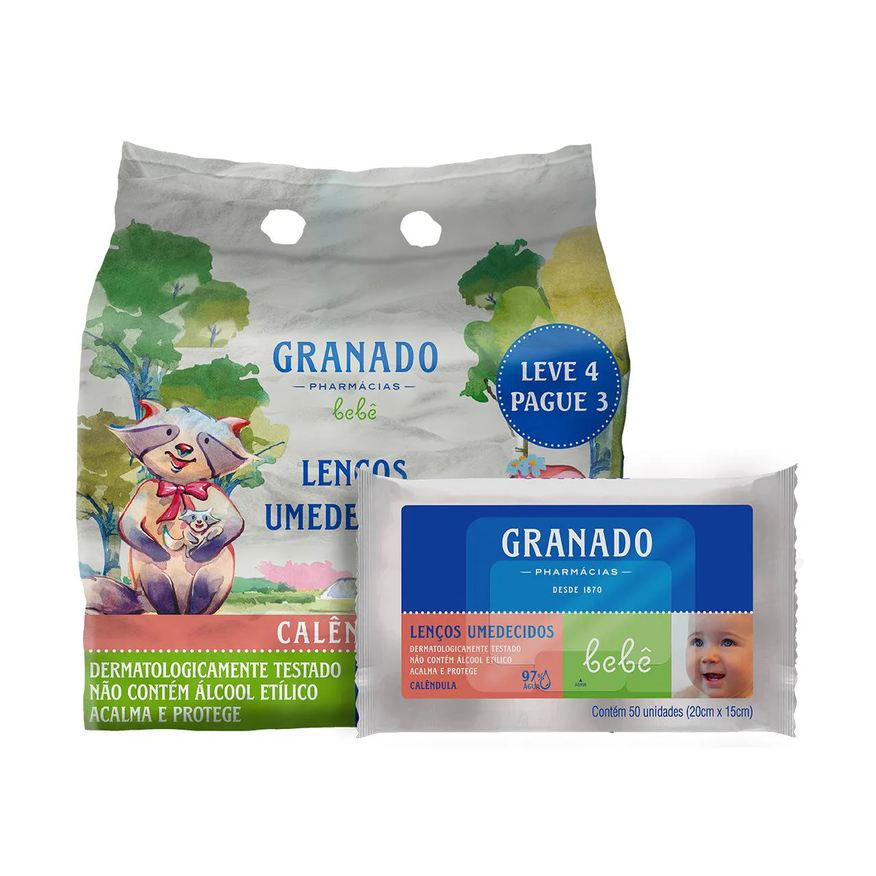 Granado Kit Lenço Umedecido Bebê Calêndula 4 pacotes de 50 unidades cada