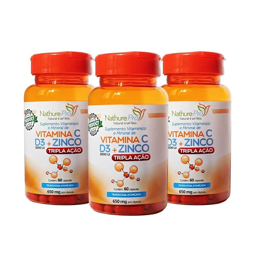 Nathurepro KIT 3 VITAMINA C + D3 + ZINCO (TRIPLA AçãO) 60 CáPSULAS 650mg