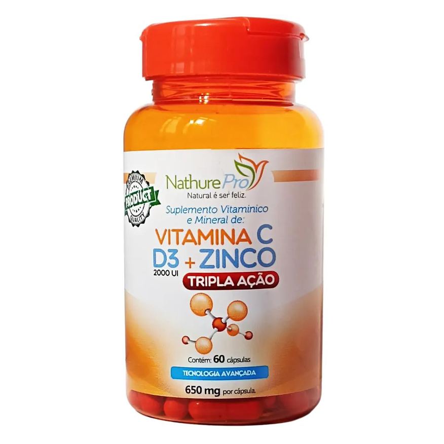 Nathurepro VITAMINA C + D3 + ZINCO (TRIPLA AçãO) 60 CáPSULAS 650mg