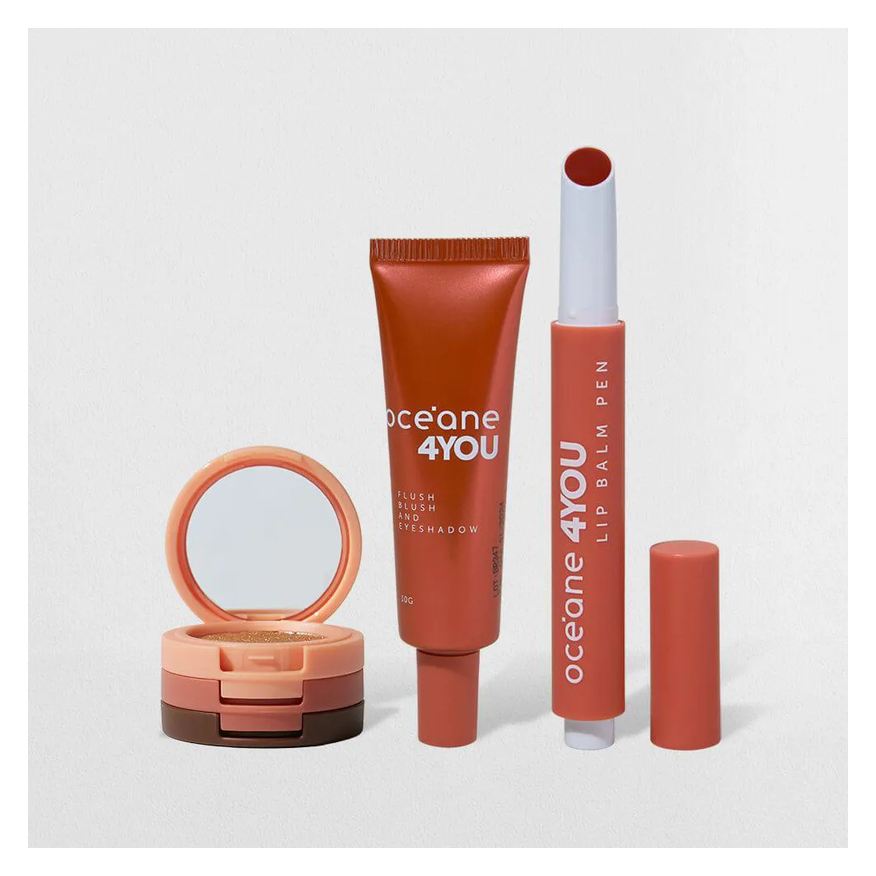 Océane Kit Trio de Sombras + Hidratante Labial + Coral Blush Líquido Laranja 4you (3 Produtos)