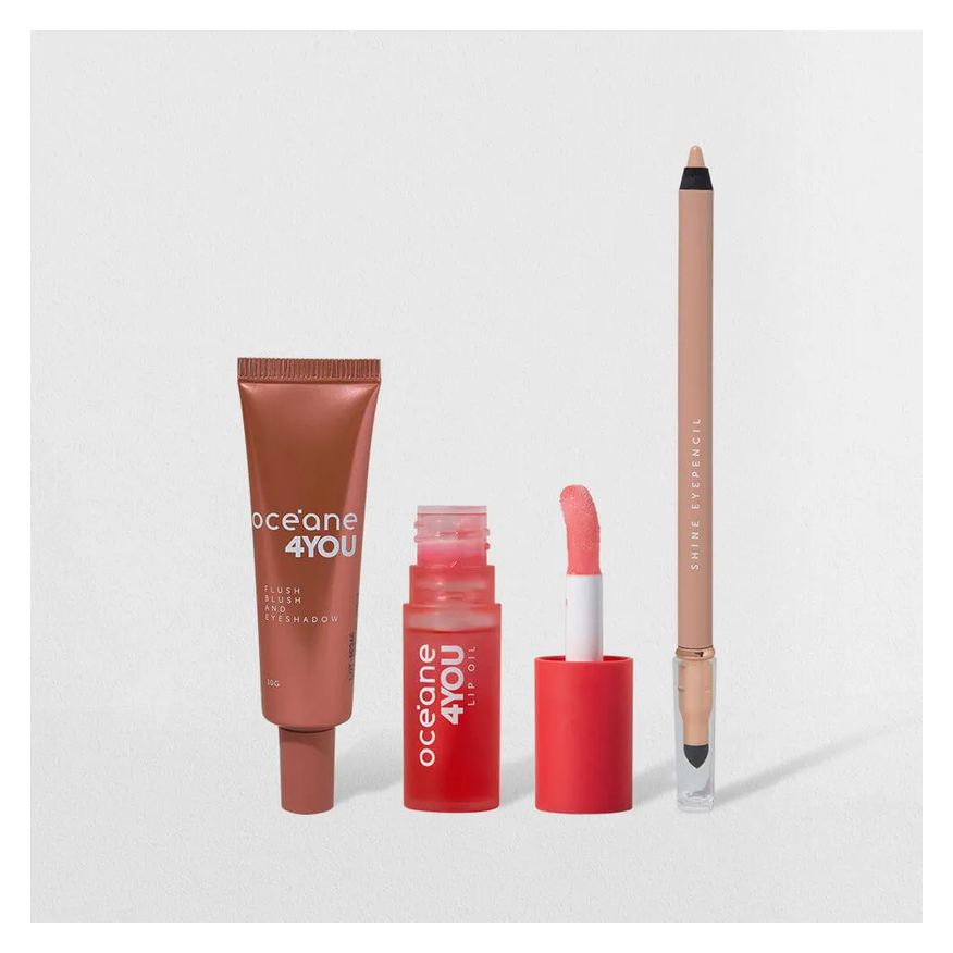 Océane Kit Lápis para Olhos Bege + Lip Oil Rosa + Blush Líquido Coral 4you (3 Produtos)