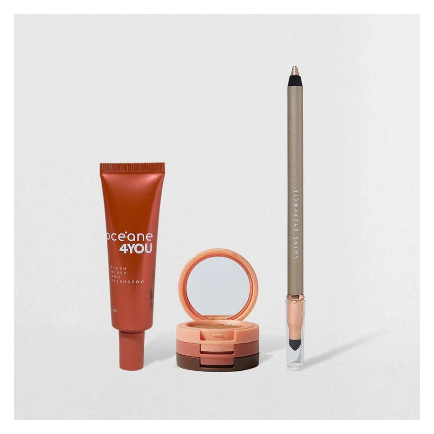 Océane Kit Trio de Sombras Cooper Shine + Lápis para Olhos Dourado + Blush Líquido Laranja 4you (3 Produtos)