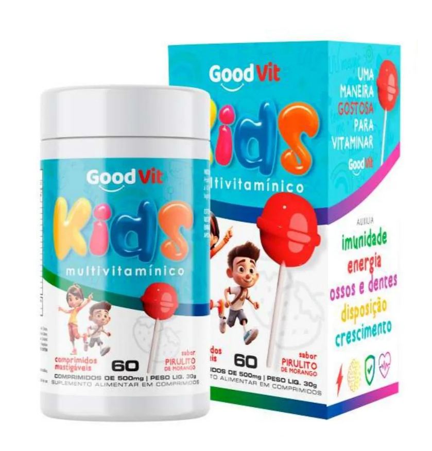 Kids Multivitamínico 60 Comprimidos Mastigáveis 500mg Good Vit com Sabor Pirulito de Morango
