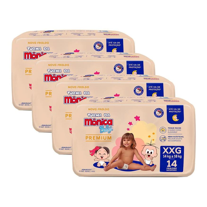 Turma da Mônica Baby Kit 4 Fralda Premium Jumbo XXG com 14un cada