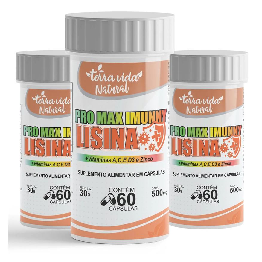 Terra Vida Natural 3 Lisina +vitaminas C,a,e,d3 e Zinco de 500mg - Sistema Imunológico