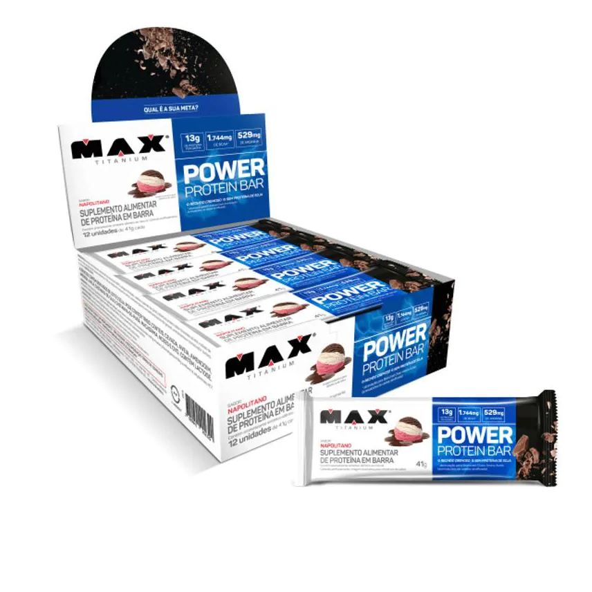 Max Titanium Power Protein Bar 41g Sabor Napolitano – Barras de Proteína 12un – Caixa C12 unidades