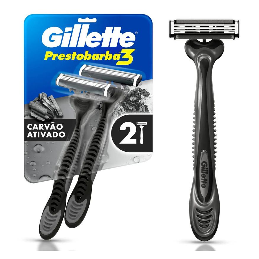 Gillette Aparelho de Barbear Descartável Prestobarba 3 Carvão Ativado 2 unidades