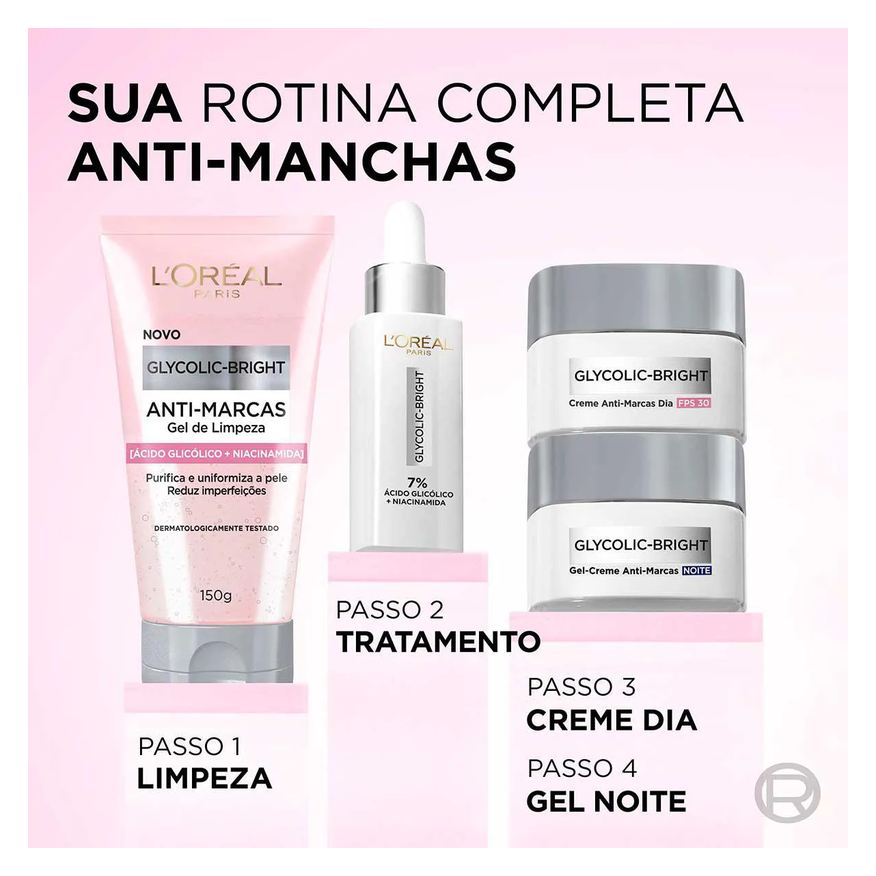 L'oreal Kit L'Oréal Paris Glycolic-Bright Rotina Completa - Gel Limpeza + Sérum + Gel-Creme Noite