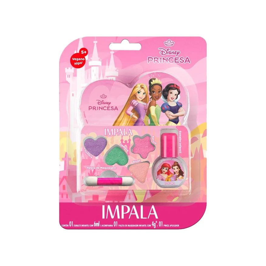 Esmalte Kit Infantil 6ml + Paleta De Maquiagem Infantil 4g + Pincel Aplicador Impala Disney Princesas