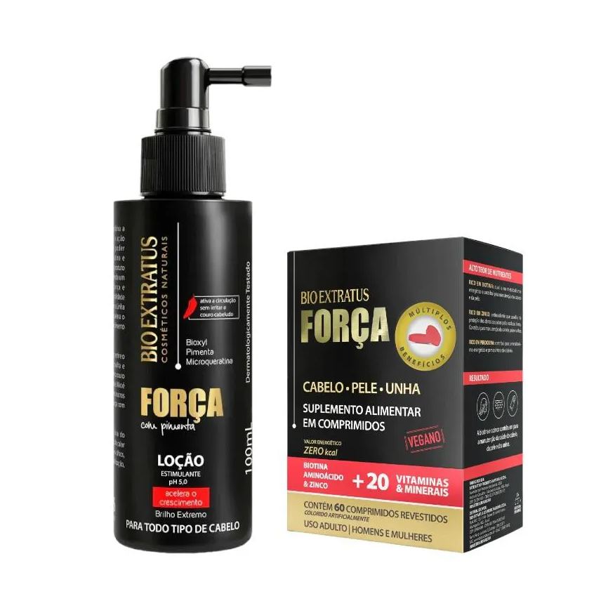 Bio Extratus Kit Força com Pimenta Acelera Crescimento 1 Loção 100ml 1 Suplemento 60Cp