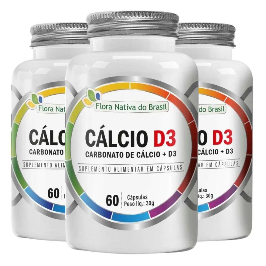 3x Kit Cálcio D3 (carbonato de Cálcio + Vitamina D3) 60 cápsulas – Flora Nativa