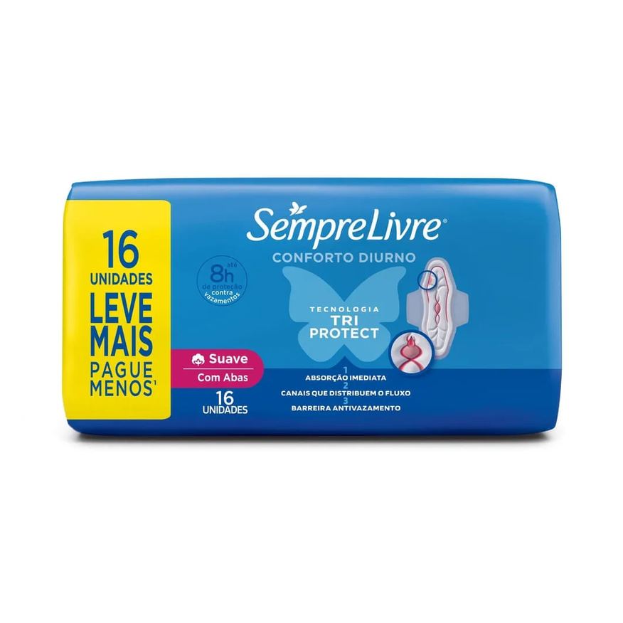 Sempre Absorvente Livre Conforto Diurno Cobertura Suave Com Abas 16 Unidades