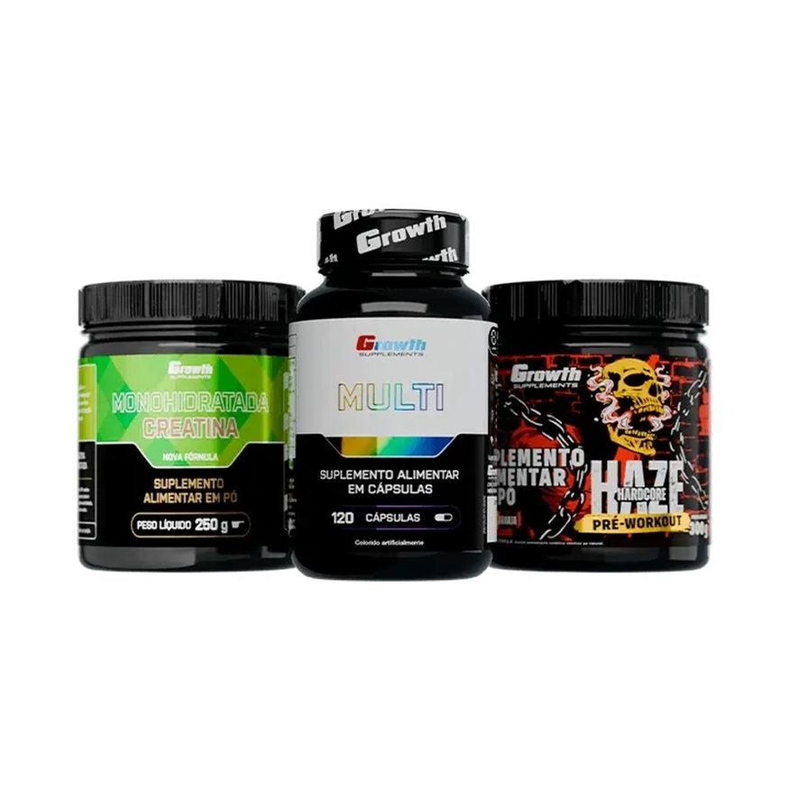 Creatina Kit Monohidratada 250g, Multivitamínico 120 Cápsulas e Pré-Treino Haze 300g