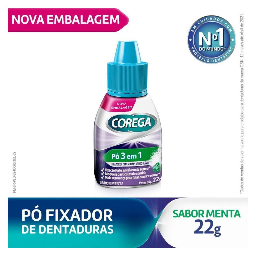 Pó Corega Fixador De Dentadura, Forte Fixação, Sabor Menta 22g