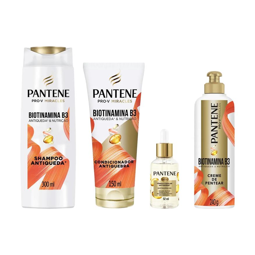 Pantene Kit Biotinamina B3 Antiqueda & Nutrição Shampoo 300ml + Condicionador 150ml + Tônico Capilar 52ml + Creme para Pentear 240g