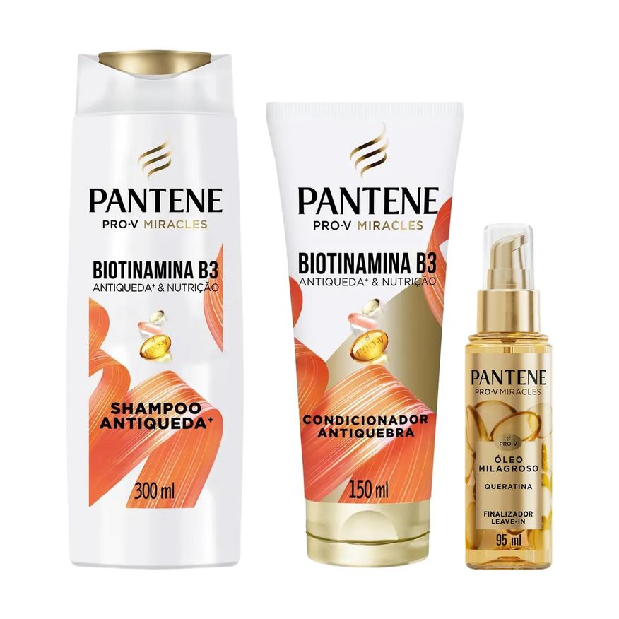 Pantene Kit Biotinamina B3 Antiqueda & Nutrição Shampoo 300ml + Condicionador 150ml + Óleo Milagroso Finalizador Leave-in Queratina 95ml
