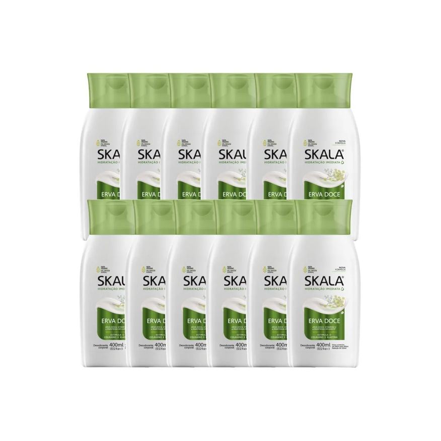 12 Kit Loção Creme Hidratante Corpo Erva Doce Vegano Skala