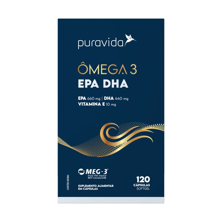 Ômega 3 Puravida EPA 660mg DHA 440mg Vitamina E 10mg 120 cápsulas