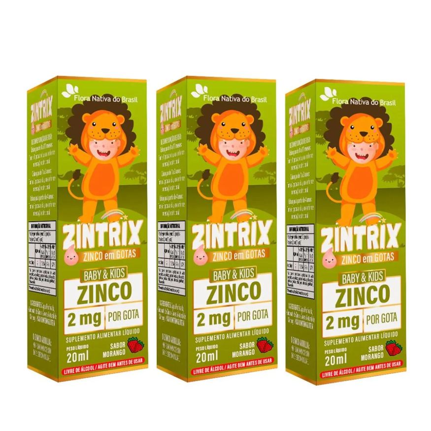 3x Kit Zintrix (zinco Infantil) 20ml – Flora Nativa Sabor Morango