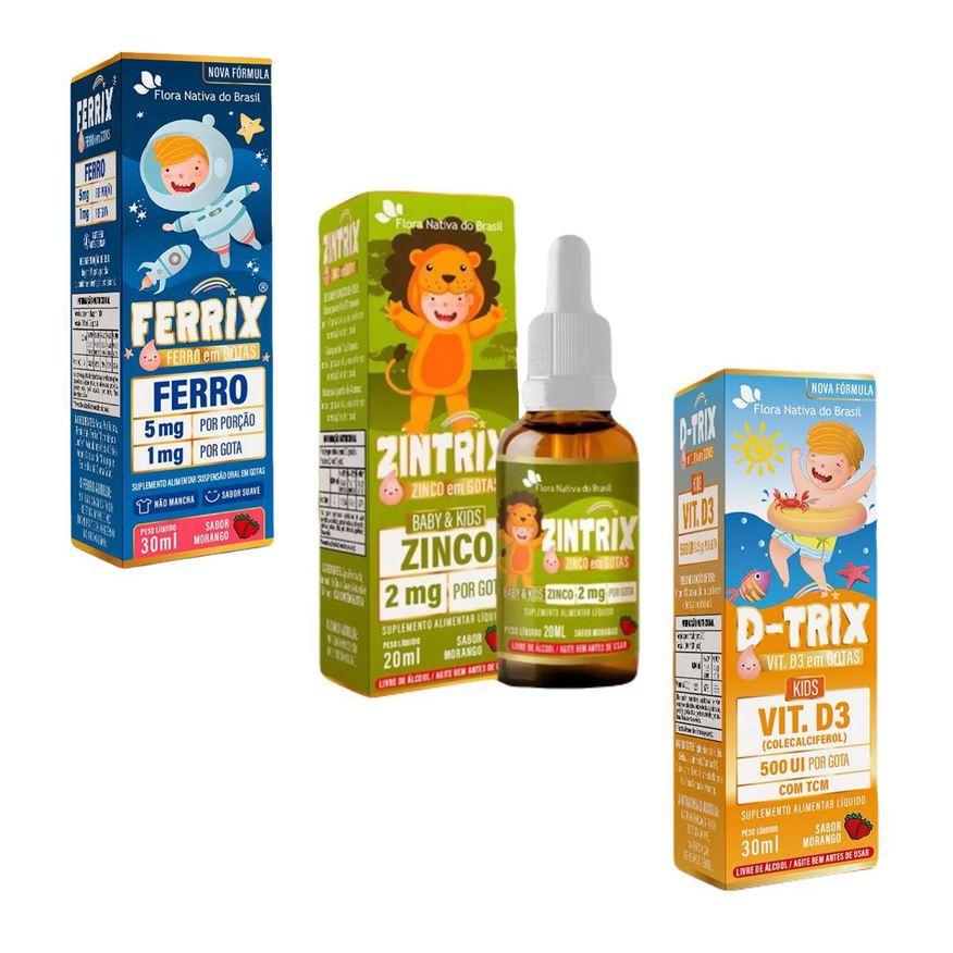 Ferro Ferrix + D Trix Vitamina D3 – Zintrix Zinco – KIDS