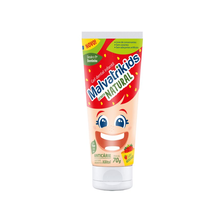 Malvatrikids Gel Dental Infantil Extrato Natural Anticáries Flúor Xilitol Sabor Morango 70g