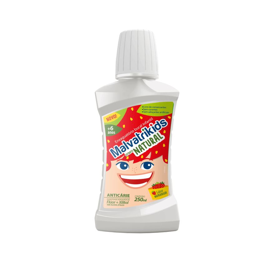 Malvatrikids Enxaguante Bucal Infantil Extrato Natural +6 anos Flúor Zero Álcool Sabor Morango 250ml