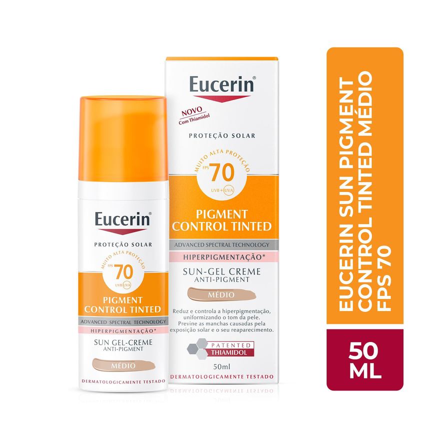 Eucerin Protetor Solar Facial Sun Pigment Control Tinted FPS70 Gel Creme Tom Médio 50ml