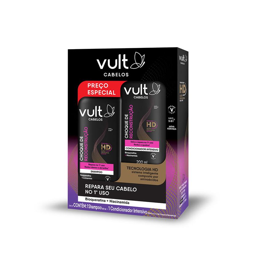 Vult Cabelo Kit Shampoo Vult Choque de Reconstrução 200ml 1 Unidade + Condicionador Vult Choque de Reconstrução 200ml 1 Unidade