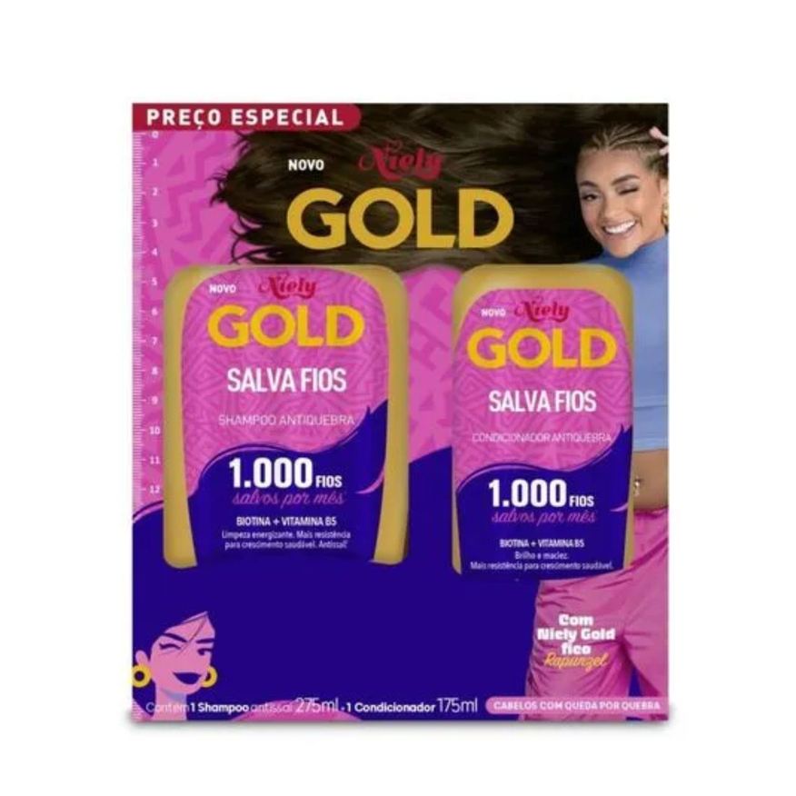 Niely Gold Kit Shampoo Salva Fios Antiquebra 275ml 1 Unidade + Condicionador Niely Gold Salva Fios Antiquebra 175ml 1 Unidade