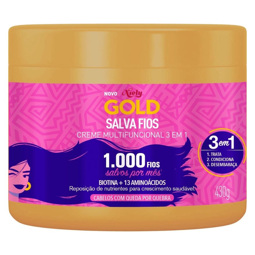 Niely Gold Creme de Tratamento Capilar Salva Fios 3 em 1 Biotina e 13 Aminoácidos 430g