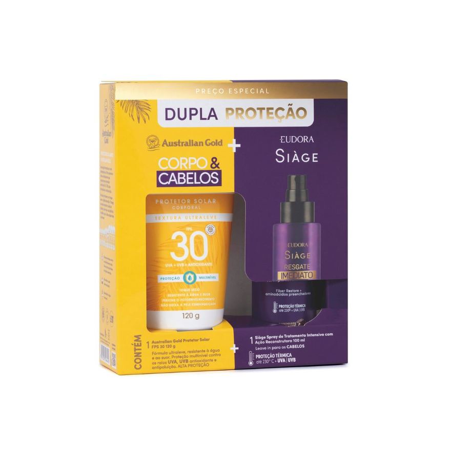 Australian Gold Kit Dupla Proteção Protetor Solar Toque Seco FPS30 120g 1 Unidade + Leave-In Eudora Siàge Resgate Imediato 100ml 1 Unidade