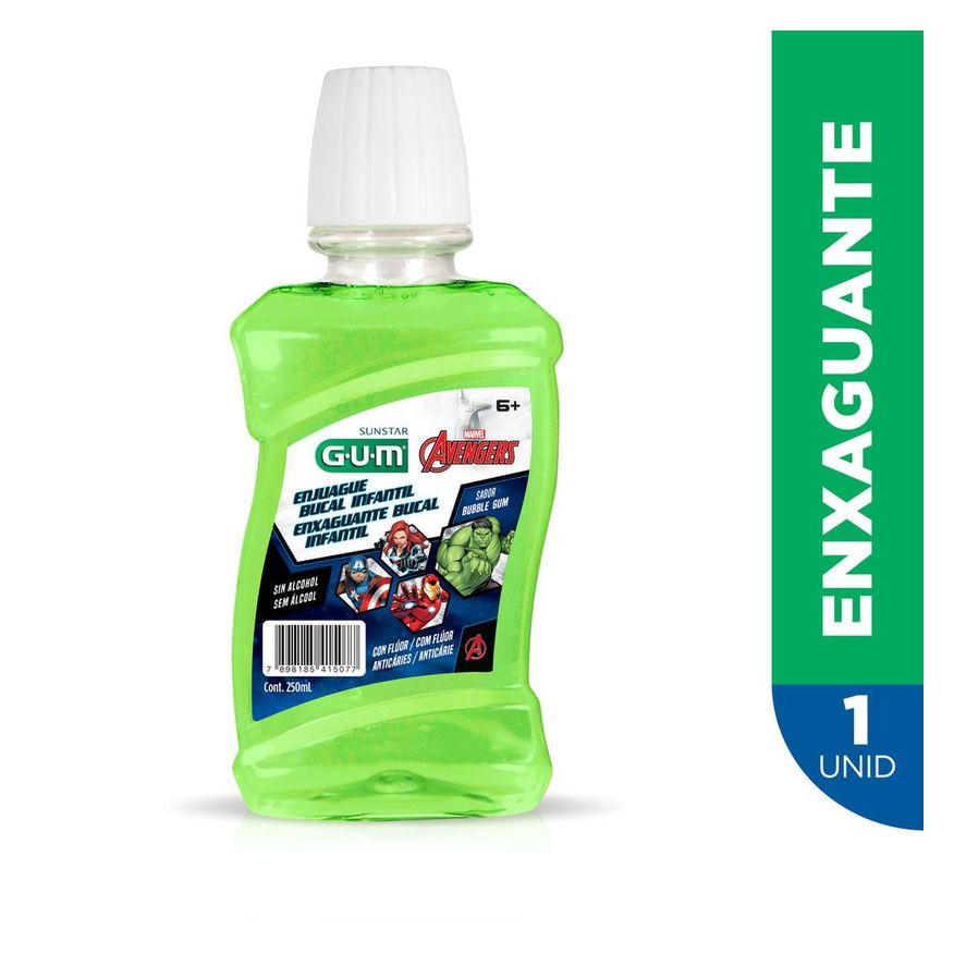 GUM Enxaguante Bucal Infantil Sunstar Avengers Zero Álcool +6 anos Sabor Bubble 250ml