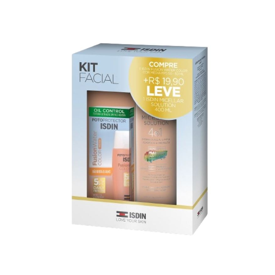 ISDIN Kit Protetor Solar Facial Fusion Water FPS50 Média 50ml 1 Unidade + Solução Micelar ISDIN 4 em 1 400ml 1 Unidade