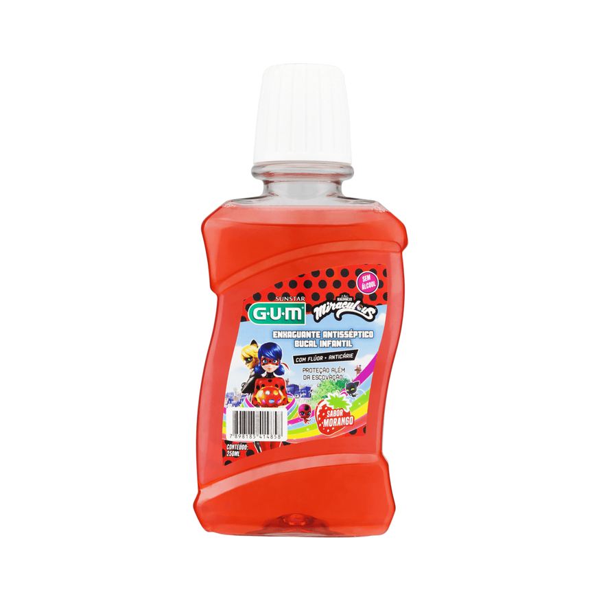 GUM Enxaguante Bucal Infantil Miraculous com Flúor Zero Álcool Anticáries +6 anos Sabor Morango 250ml