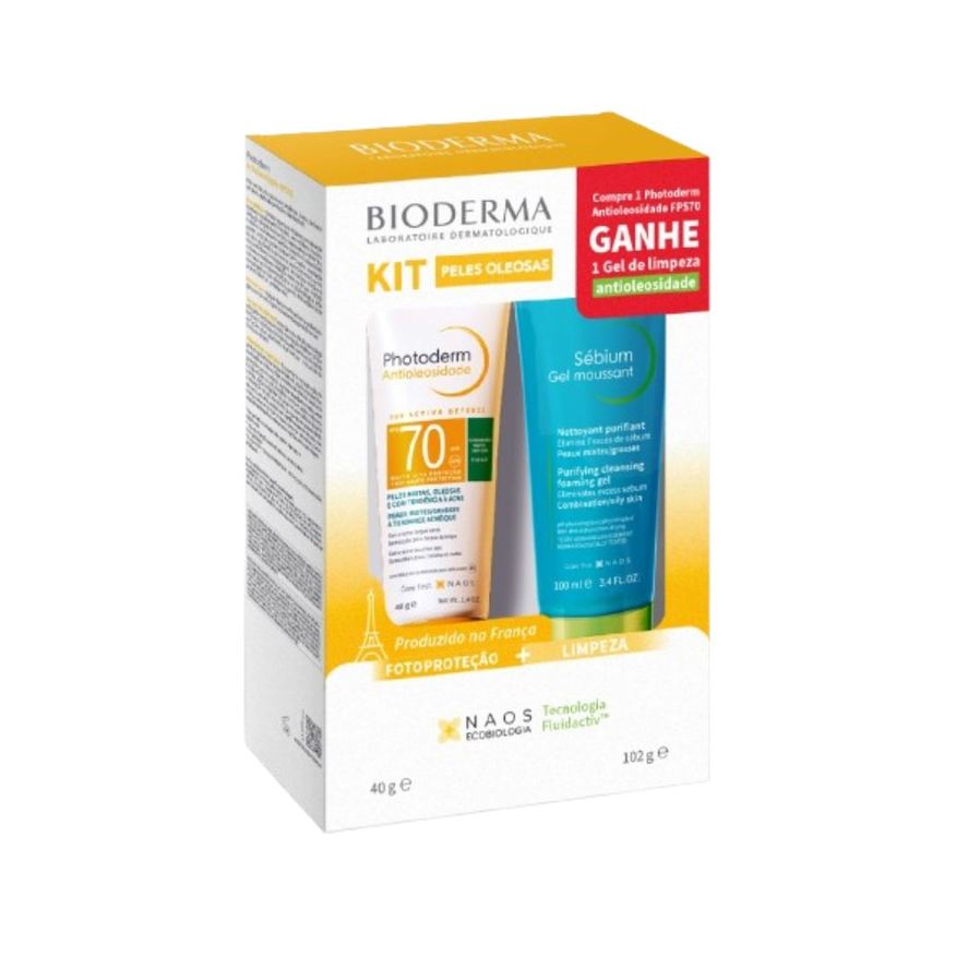 Photoderm Kit Protetor Solar Bioderma Antioleosidade FPS70 Neutro 40ml 1 Unidade + Gel de Limpeza Bioderma Sebium 100ml 1 Unidade