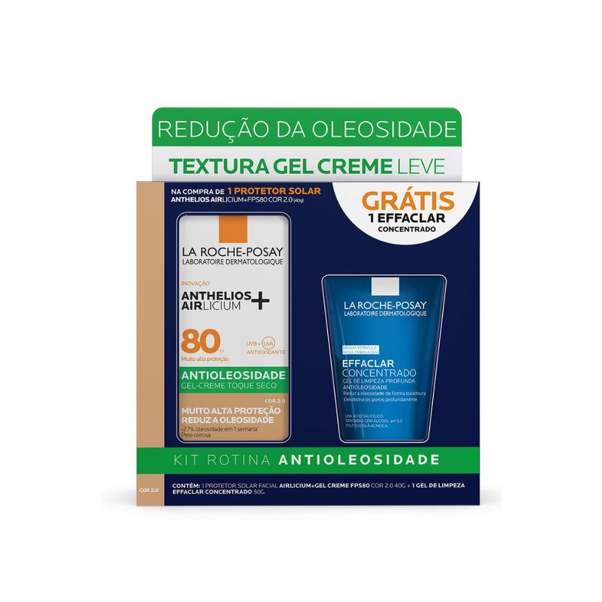 Anthelios Kit La Roche-Posay Protetor Solar Facial Airlicium+ FPS80 Cor 2,0 40g 1 Uni + Gel de Limpeza Effaclar Concentrado 50g 1 Uni
