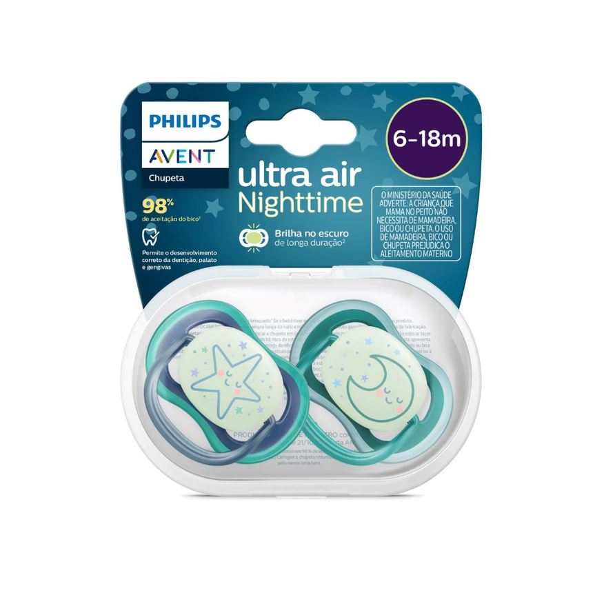 Avent Chupeta Philips Ultra Air Nigthtime +6 meses Azul e Verde 2 Unidades