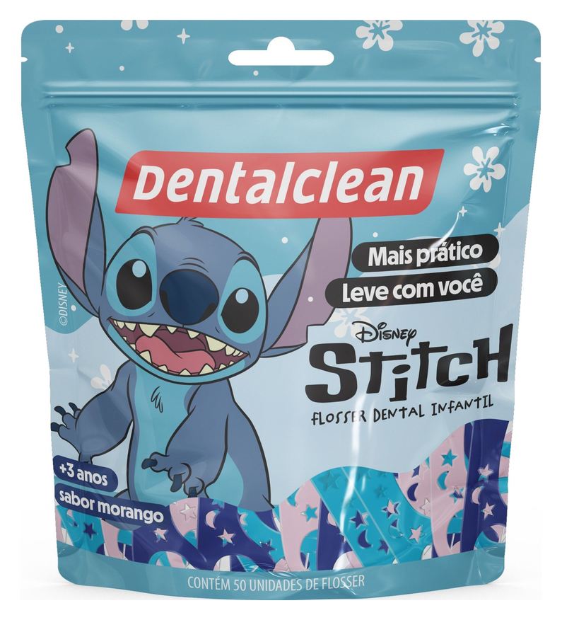 Dentalclean Fio Dental Stitch Infantil Com Cabo Morango 50 Unidades Dental Clean