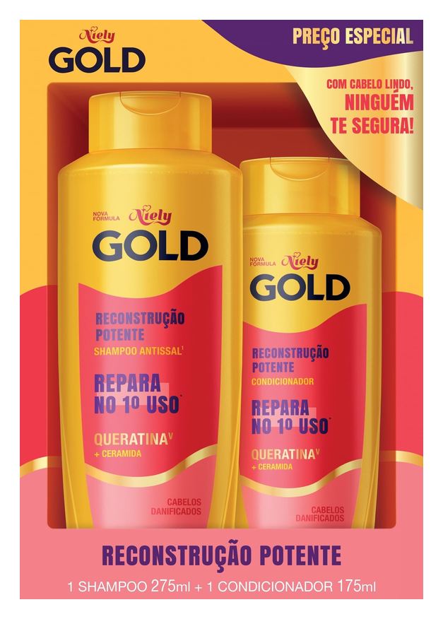 Niely Gold Kit Shampoo Antissal 275ml + Condicionador 175ml Queratina V E Ceramida Reconstrução Potente
