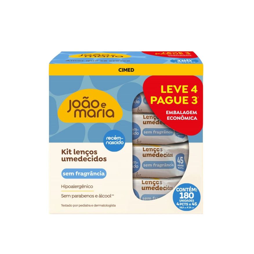 João E Maria Kit Lenço Umedecido Recém-Nascido Sem Fragrância Com Glicerina E Aloe Vera 4 Unidades Com 45 Folhas Cada Leve 4 Pague 3 Unidades
