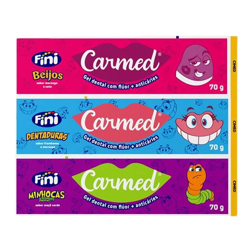Carmed Kit Gel Dental Infantil Fini Minhocas Azedinhas Maçã-Verde + Dentaduras Framboesa E Morango + Beijos Morango E Nata Anticáries Com Flúor 70g