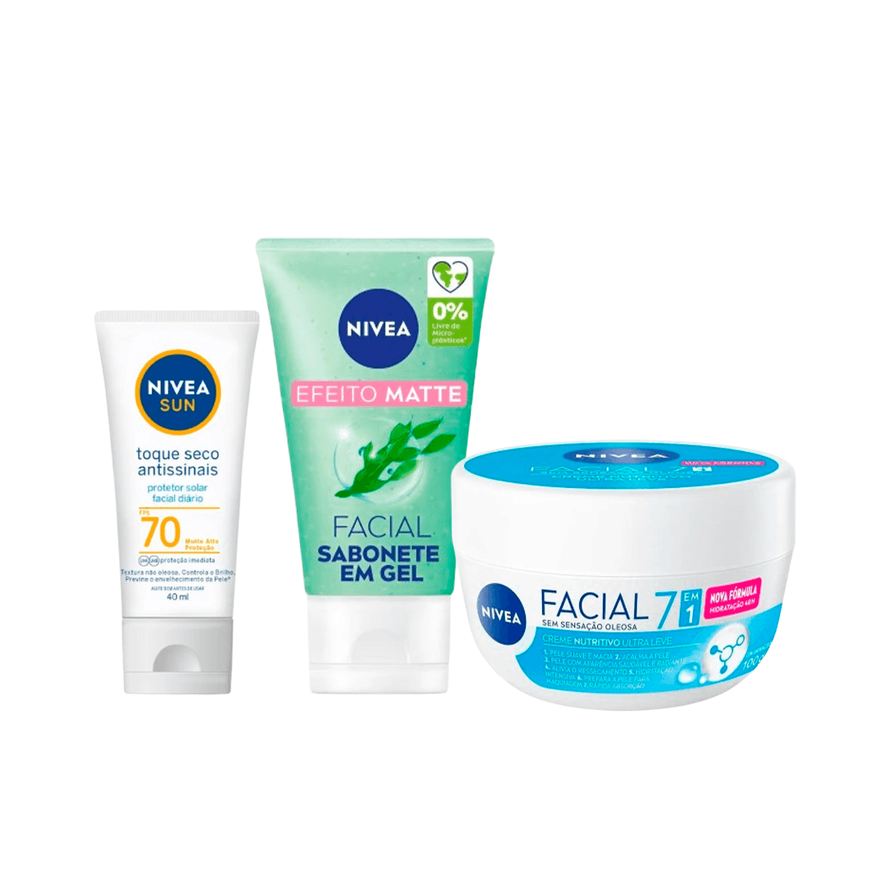 Nivea Kit Gel de Limpeza Facial Visage Pele Oleosa 150ml + Protetor Solar Facial Sun Toque Seco Antissinais FPS70 40ml + Creme Facial Nutritivo 100g