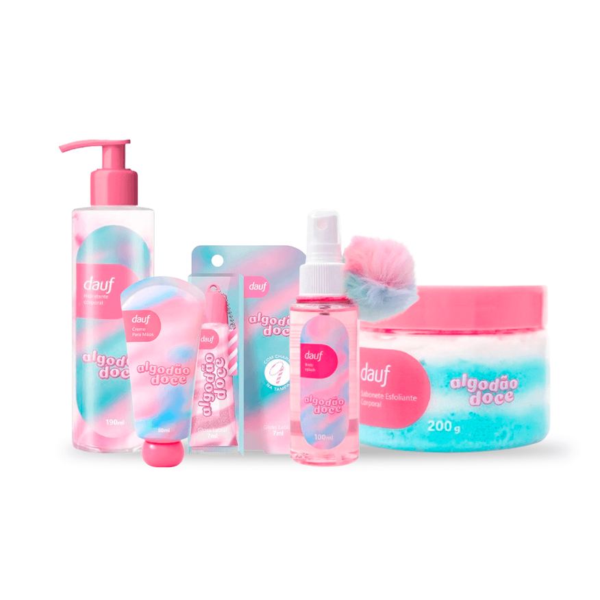 Dauf Kit Algodão Doce Sabonete Corporal 200g + Hidratante Para Mãos 50ml + Gloss Labial 7ml Rosa + Hidratante Corporal 190ml + Body Splash 100ml