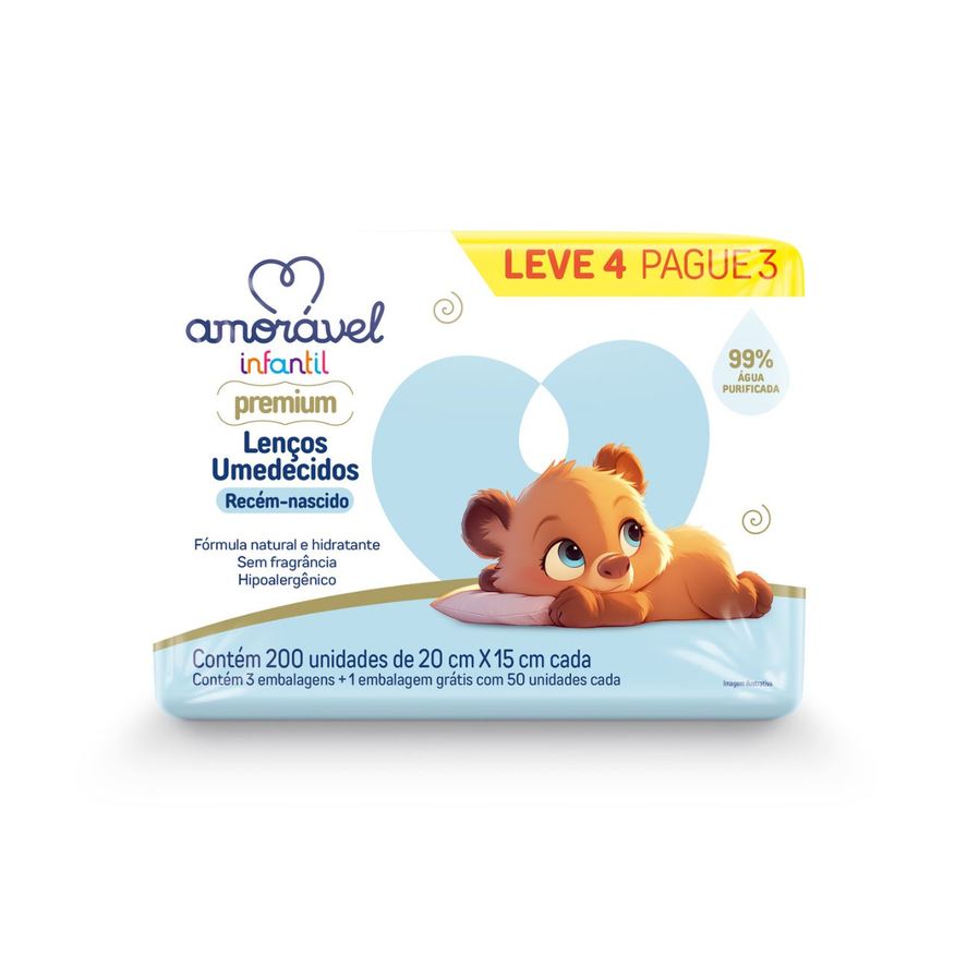 Amoravel Lenço Umedecido Amorável Infantil 99% Água 50 Unidades Leve 4 Pague 3